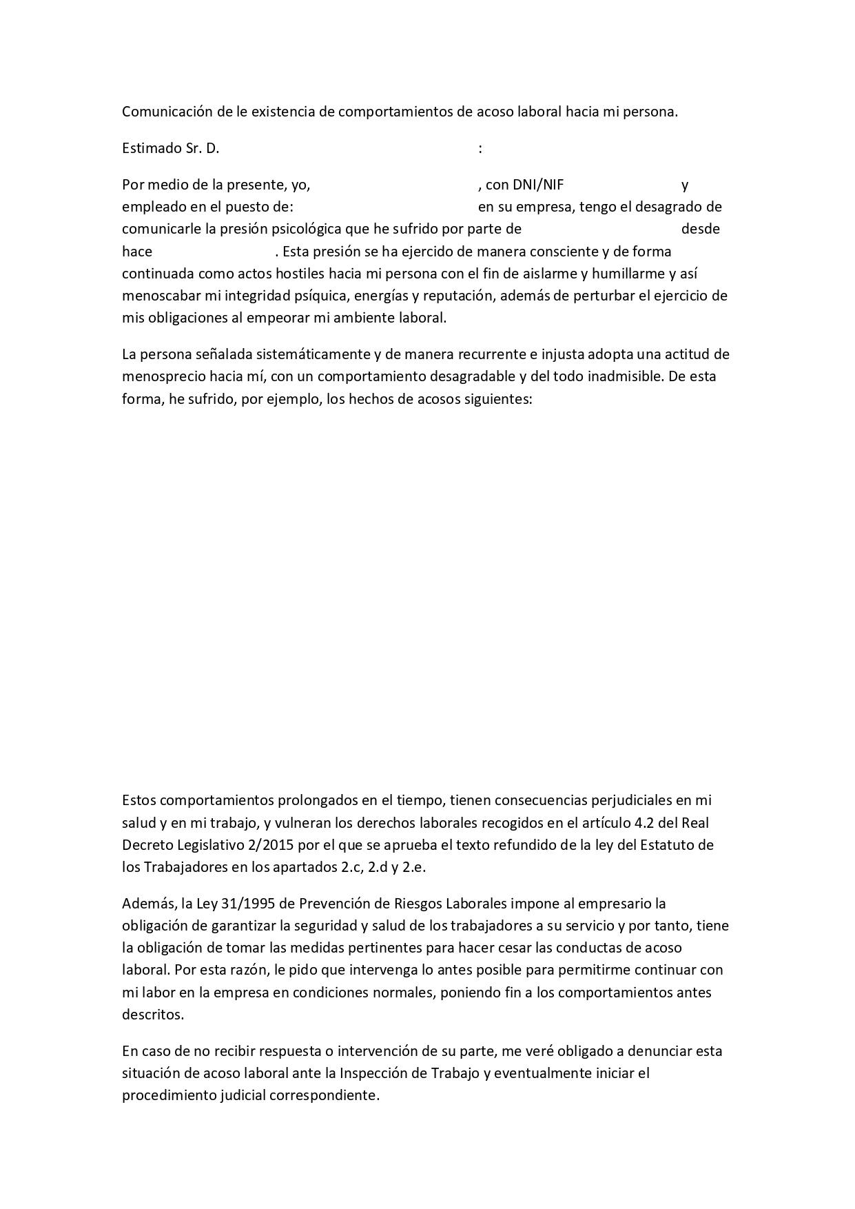 Modelo Carta Acoso Laboral Colombia - Modelo de Informe