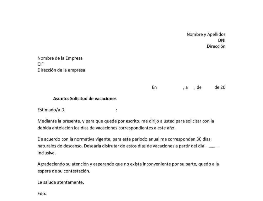 Modelo De Carta Notificando Vacaciones | Asesorías