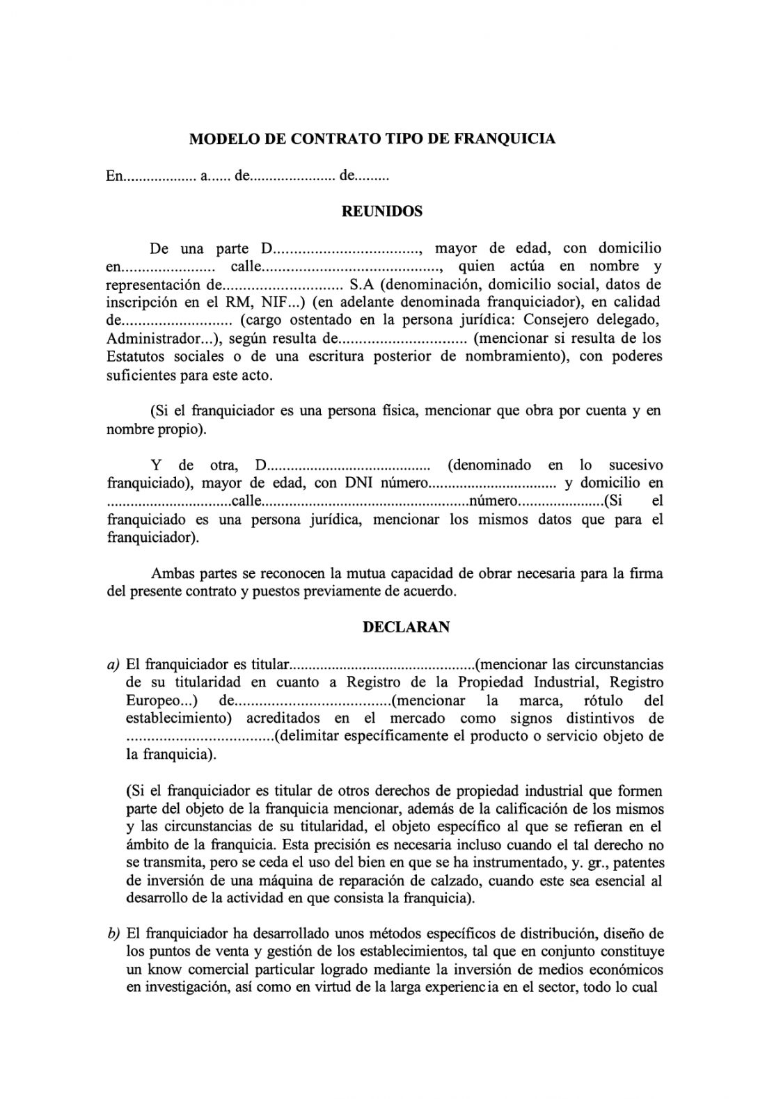 Modelo De Contrato De Franquicia Cláusulas En Word Y Pdf Asesorías 0705