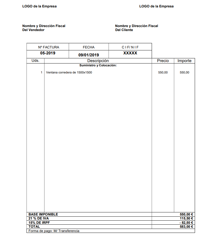 ejemplo factura con IRPF