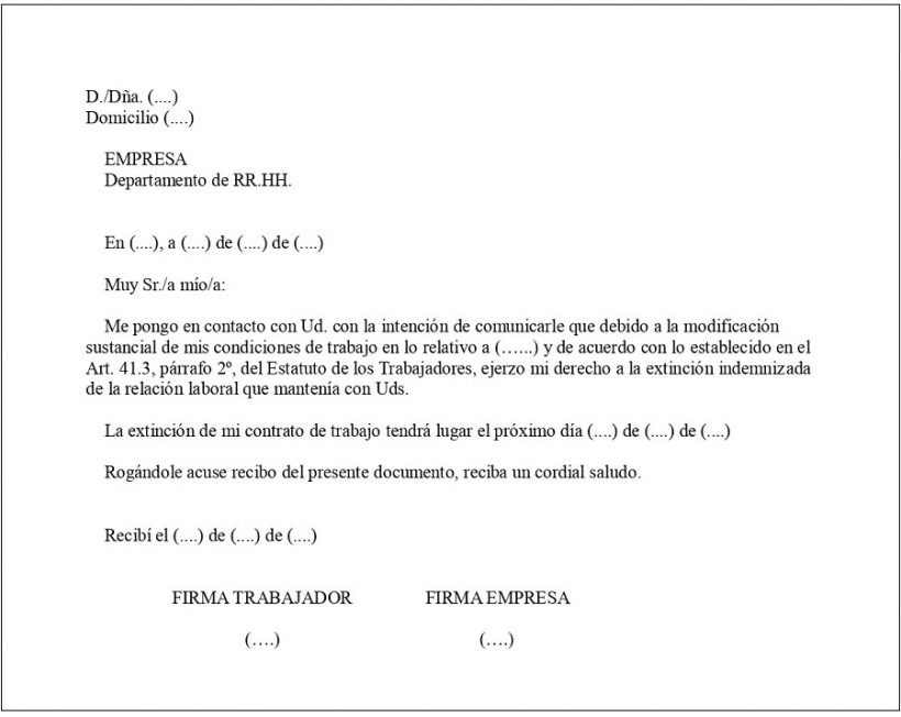 Carta para la modificación de las condiciones de trabajo. PDF y Word