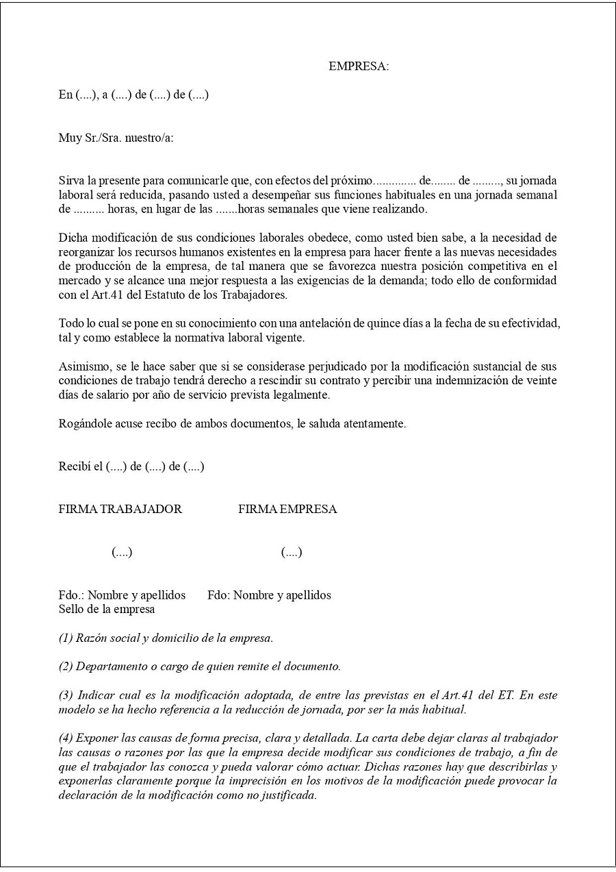 Carta para la modificación de las condiciones de trabajo. PDF y Word -  Asesorías