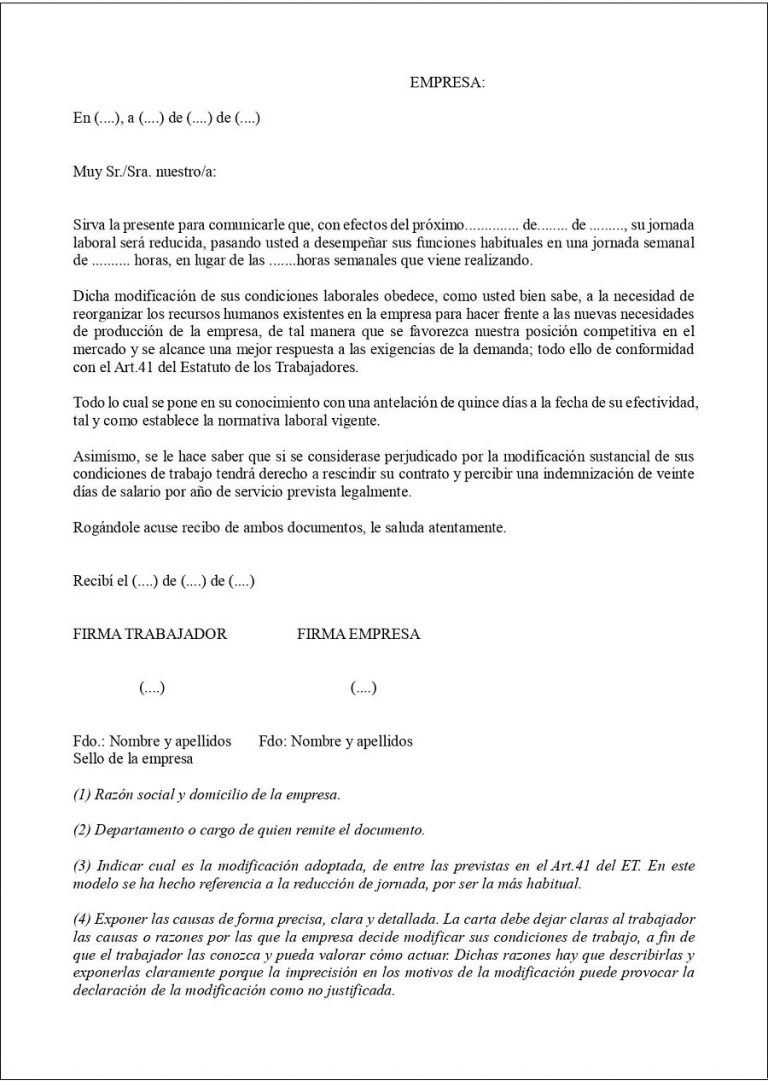 Carta para la modificación de las condiciones de trabajo. PDF y Word