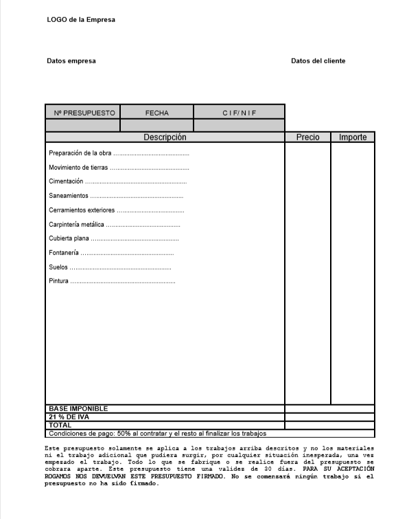 Plantillas y Modelos de presupuesto en Word, PDF y Excel, para tus ...