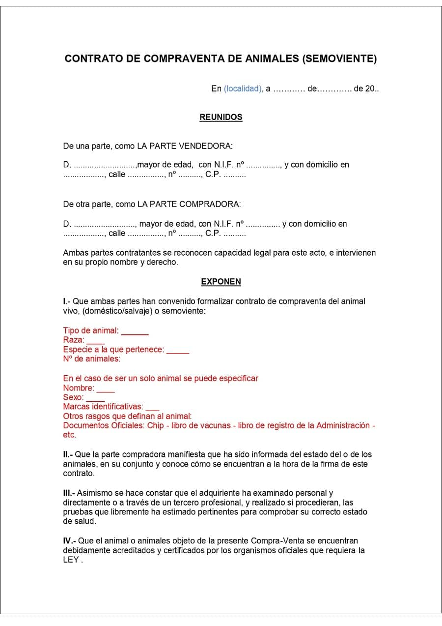 Modelo De Contrato De Compraventa De Animales Word Y Pdf Asesorías