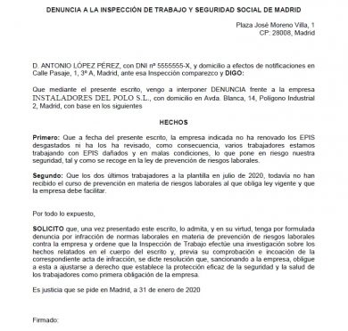 Modelo de denuncia a Inspección de Trabajo y Seguridad Social - Asesorías